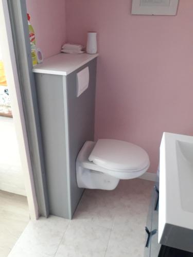 La salle de bains est pourvue de toilettes blanches dans un mur rose. dans l'établissement Charmant petit Studio en duplex, à Le Fenouiller