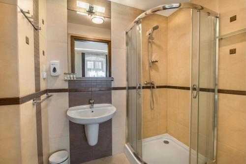 La salle de bains est pourvue d'un lavabo et d'une douche. dans l'établissement Apartamenty Rynek 20, à Pszczyna