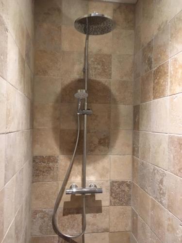 um chuveiro com uma mangueira na casa de banho em Chambres d'hôtes du Bistrot des écuries em Cour-Maugis-sur-Huisne
