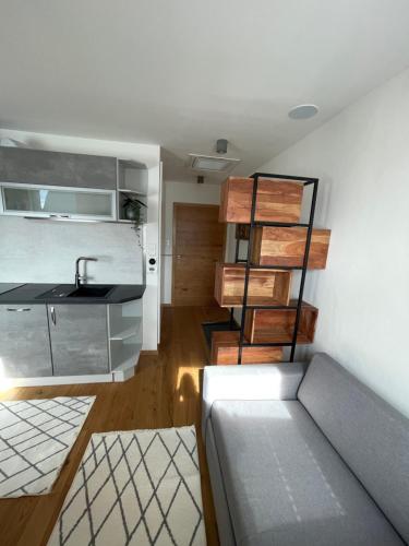 a kitchen with a couch and a sink in a room at Mini-Apartment Admont in Admont