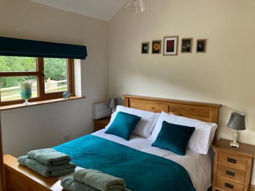 Schlafzimmer mit einem Bett mit blauen und weißen Kissen in der Unterkunft 1 bedroomed Detached holiday retreat Pant in Oswestry