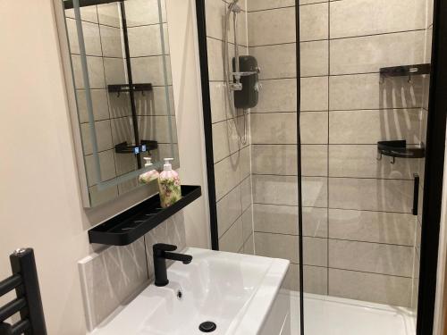 a bathroom with a sink and a shower with a mirror at 1 bedroomed Detached holiday retreat Pant in Oswestry