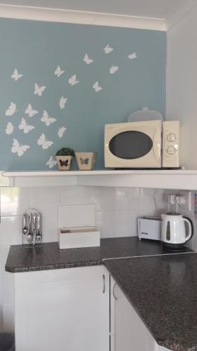 a kitchen with a counter top with a microwave at African Sun Guest House in Molen Drift