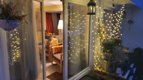 a room with a window with christmas lights on it at Ravissant Studio neuf, entièrement equipé, fonctionnel de 40 m2 avec entrée indépendante dans la campagne campagnes in Massonnens