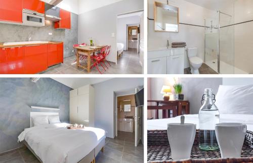 un collage de quatre photos d'une chambre et d'une salle de bains dans l'établissement Les chambres de Saint-Benoit, à Saint-Benoît-sur-Loire