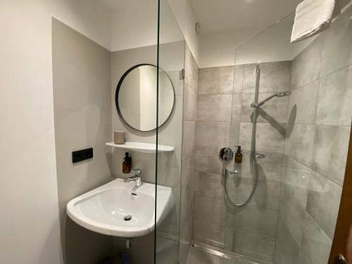 a bathroom with a shower and a sink and a mirror at Waldruh in Wiesing