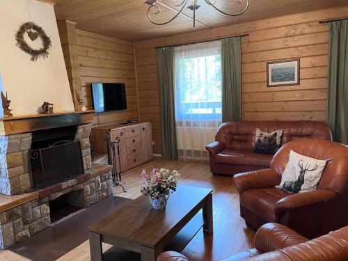a living room with leather furniture and a fireplace at Vilni Vitry in Osmoloda