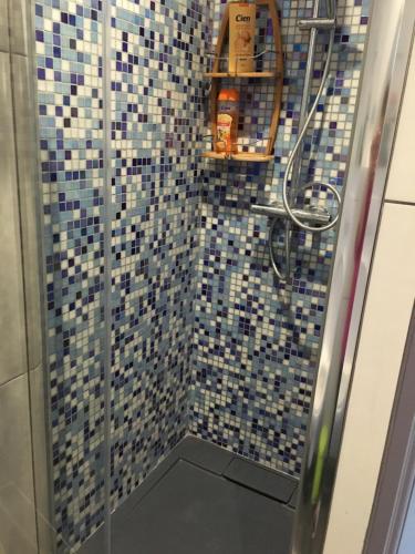 ein Bad mit einer Dusche mit blauen und weißen Fliesen in der Unterkunft Véloce, Chambre d'Hôtes avec Salle de Bain / WC in Claveyson