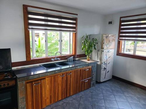 a kitchen with a sink and a refrigerator at Surf house holidays in Baie du Cap