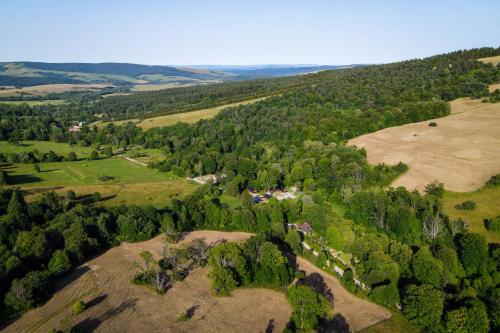 an aerial view of a farm in a field with trees at Niedźwiedzia Dolina in Przybyszów