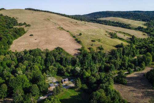 an aerial view of a farm with a field and trees at Niedźwiedzia Dolina in Przybyszów