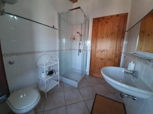 a bathroom with a shower and a toilet and a sink at B&B Casa Ghiani in Ìsili