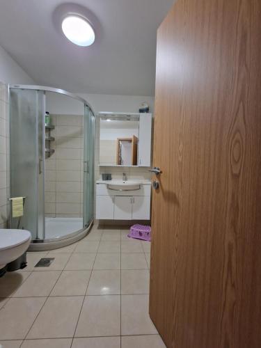 a bathroom with a shower and a sink at Beautiful house Lanna in Izola