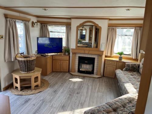 a living room with a couch and a tv and a fireplace at Central Ingoldmells, Seaview 6 berth in Ingoldmells