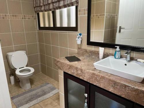 ein Badezimmer mit einem Waschbecken, einem WC und einem Spiegel in der Unterkunft The Beach House in Port Shepstone