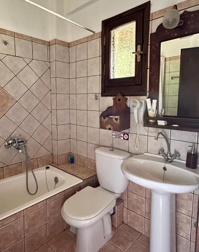 a bathroom with a toilet and a sink and a tub at Panthoron Tzoumerka in Vourgareli