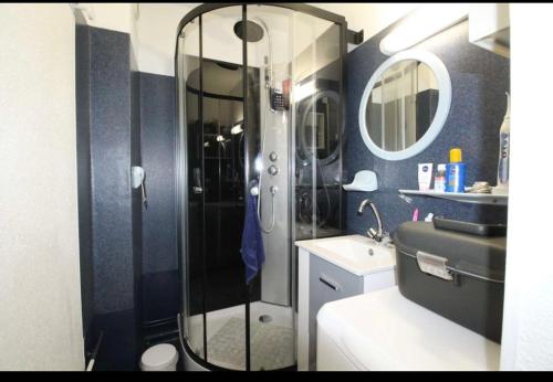 uma casa de banho com um chuveiro e um lavatório. em Beau T3 place parking, vue dégagée proche centre em Luchon
