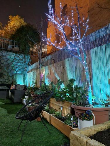 a garden with a tree with lights on it at Pleasant Cozy Sunny Room with Garden in Jerusalem