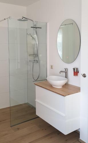a bathroom with a sink and a mirror at Ferienwohnung Heusler in Hasselfelde