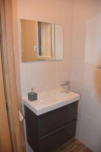 La salle de bains est pourvue d'un lavabo et d'un miroir. dans l'établissement Chalet Alexanne - Meublé de tourisme classé 3 étoiles - Porte de St Gervais, à Passy
