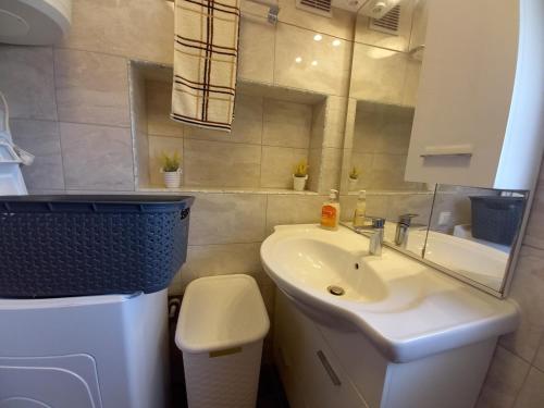 a bathroom with a sink and a toilet and a mirror at Apartment & Studio Vrdoljak in Sveti Anton
