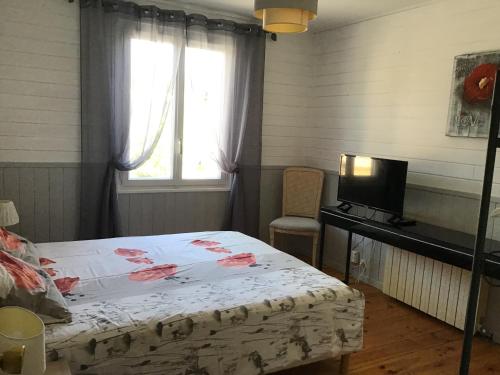 - une chambre avec un lit, un bureau et une télévision dans l'établissement Le Clau provençal, à Alès