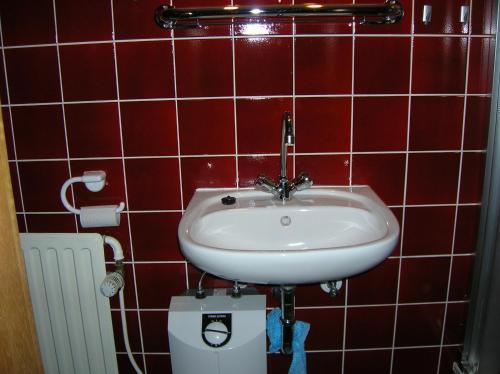ブットヤーディンゲンにあるFerienwohnung Wittjeの赤いタイル張りのバスルーム(洗面台、トイレ付)