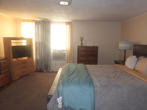 a bedroom with a bed and a dresser and a television at Brick House Retreat in Hamlet