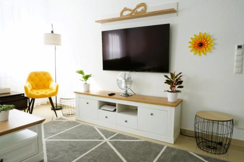 a living room with a tv on a wall at Mein Apartment Flowers mit Kamin, bis 10 Personen in Frankenthal