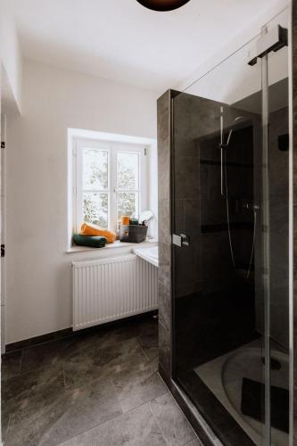 a bathroom with a shower and a window at Das Schutzhaus-Bed and Breakfast-Dein Basislager im Salzkammergut in Bad Aussee