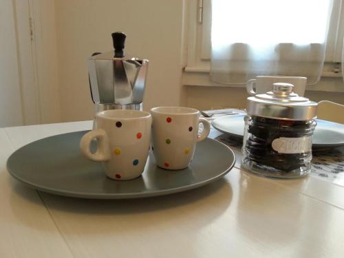 zwei Kaffeetassen auf einem Teller neben einem Mixer in der Unterkunft Appartamento Lily in Florenz