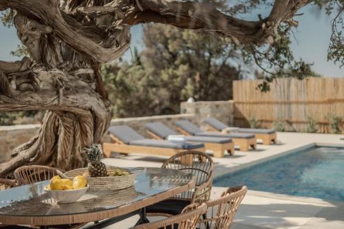 a table and chairs under a tree next to a pool at Ammolofos Luxury Apartment & suites in Naxos Chora