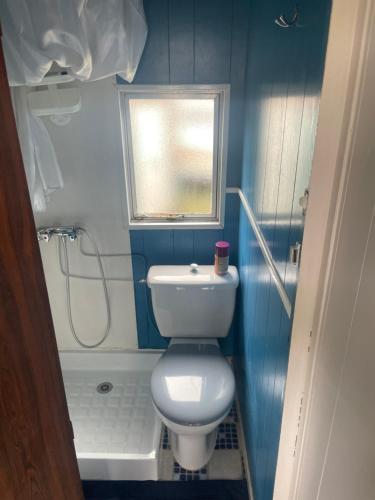 a small bathroom with a toilet and a window at Bungalow confortable proche de la mer in Linguizzetta