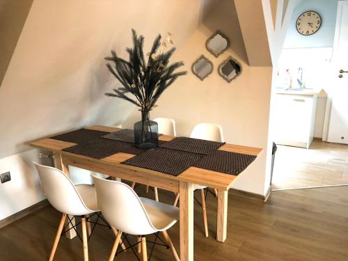 a dining room table with a potted plant on it at Apartament Natura in Koszalin