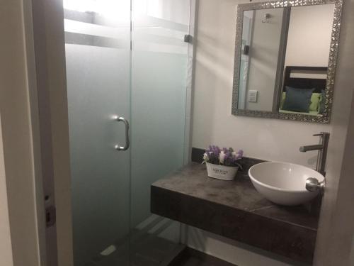 マサトランにあるDepartamento Mareta Mazatlánのバスルーム(洗面台、ガラス張りのシャワー付)