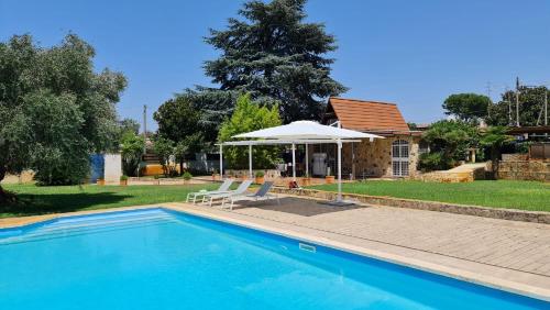 una piscina con due sedie e un ombrellone di Villa con piscina Circeo - Sabaudia a Borgo Montenero