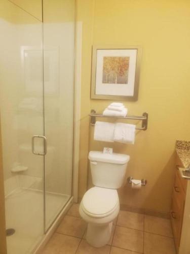 a bathroom with a toilet and a glass shower at MainStay Suites Sidney - Medical Center in Sidney