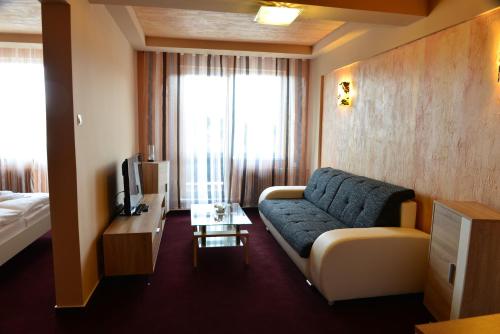 a hotel room with a couch and a tv and a bed at Hotel Ďumbier in Brezno