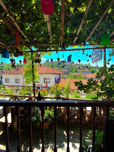 a view of a town from a balcony with plants at Avcıoğlu Konak Otel in Safranbolu