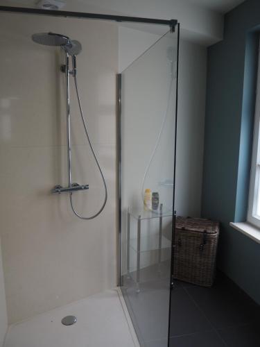 a shower with a glass door in a bathroom at Rubbensloft in Zele