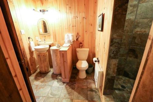 a wooden bathroom with a toilet and a sink at Chalet L'Envolée near Tremblant in Saint-Faustin