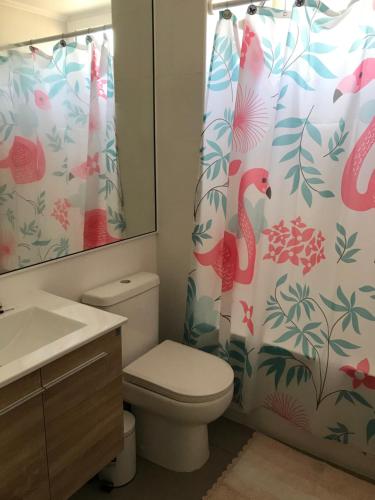 uma casa de banho com um WC e uma cortina de chuveiro em Precioso departamento Papudo a pasos de la playa em Papudo