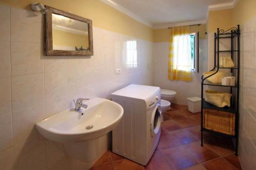 ein Badezimmer mit einem Waschbecken, einem WC und einem Spiegel in der Unterkunft Agriturismo Mulino del Castello Nasino in Nasino