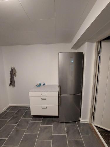 a kitchen with a stainless steel refrigerator in a room at Stuelejlighed med have og overdækket terrasse in Odense