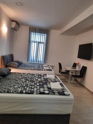 a room with two beds and a table and a television at Apartments Petrova170 in Zagreb