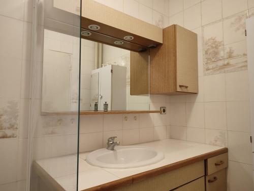 W łazience znajduje się umywalka i lustro. w obiekcie Grand et superbe appartement proche Paris w mieście Creil
