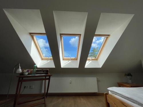 a bedroom with three skylights in a roof at Villa Harmonie in Ahlbeck