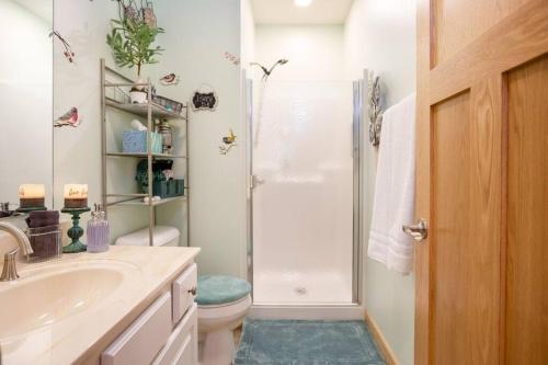 a bathroom with a shower and a sink and a toilet at Woodland Legacy-Escape to unwind in Mount Vernon