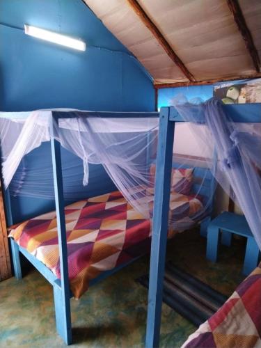 a bedroom with two bunk beds with mosquito nets at Underwater Explorer in Ponta do Ouro