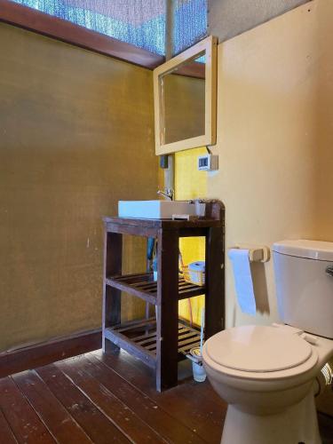 a bathroom with a toilet and a sink and a mirror at Underwater Explorer in Ponta do Ouro